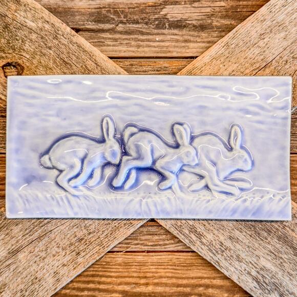 Sweetest Running Bunnies Springtime Tile/Plaque Decor-White w/ Blue Washed Glaze - Picture 1 of 4